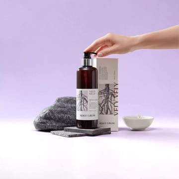 Assemble K - Play .Try .Glow VELY VELY Root Grow Anti Hair Loss Shampoo bottle with pump dispenser and box. Features root graphics.