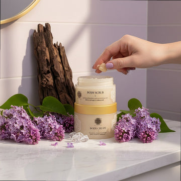 Assemble K - Play .Try .Glow Tiela Perfume Therapy Body Cream Shine 200g in a jar with a gold lid, featuring a citrus-floral-cedarwood scent.