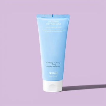 Assemble K - Play .Try .Glow NOT4U Clear Acfit Body Pack Scrub 220g, a light blue tube dispensing white scrub onto a hand.
