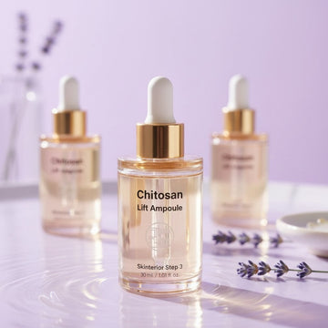 Assemble K - Play .Try .Glow Chitosan Lift Ampoule, a clear serum in a glass bottle with gold accents and a dropper.