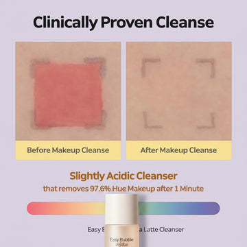 Assemble K - Play .Try .Glow Easy Bubble Jojoba Latte Cleanser: Before and after makeup cleanse test showing effective removal.