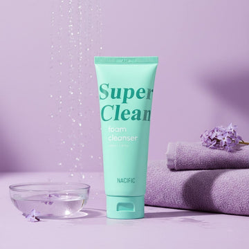 Assemble K - Play .Try .Glow NACIFIC Super Clean Foam Cleanser 100ml tube, mint green with teal lettering.