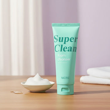 Assemble K - Play .Try .Glow NACIFIC Super Clean Foam Cleanser 100ml tube, mint green with teal lettering.