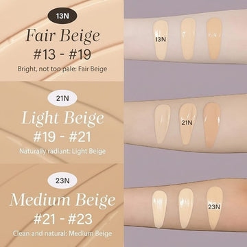 Assemble K - Play .Try .Glow Water Glow Daily Cushion swatches in 13N Fair Beige, 21N Light Beige, and 23N Medium Beige shades on skin.