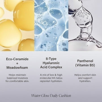 Assemble K - Play .Try .Glow Water Glow Daily Cushion in 21N Light Beige, featuring hydrating ingredients like Eco-Ceramide, Hyaluronic Acid Complex, and Panthenol.