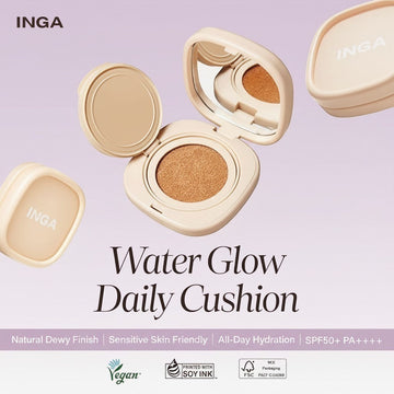 Assemble K - Play .Try .Glow INGA Water Glow Daily Cushion in 21N Light Beige, a compact with a mirror and applicator.