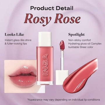 Assemble K - Play .Try .Glow INGA Water Glow Lip Tint in Rosy Rose shade, with a glossy finish and applicator.