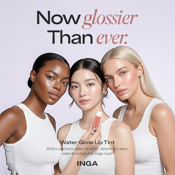 Assemble K - Play .Try .Glow INGA Water Glow Lip Tint in Rosy Rose shade, held by a model with dewy skin.