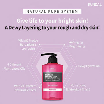 Assemble K - Play .Try .Glow KUNDAL Honey & Macadamia Body Lotion in Baby Powder scent, 500ml. Dewy hydration, non-sticky finish.