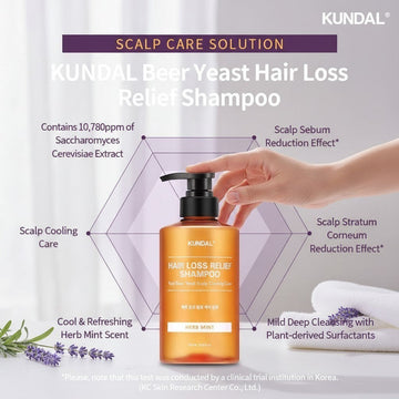 Assemble K - Play .Try .Glow KUNDAL Herb Mint Beer Yeast Hair Loss Relief Shampoo 500ml bottle with pump, featuring plant-derived surfactants and scalp care benefits.
