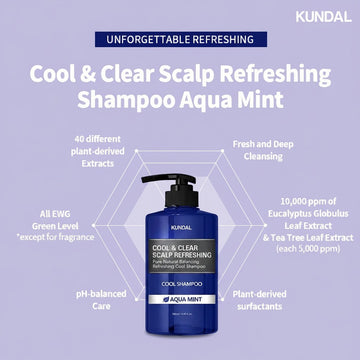 Assemble K - Play .Try .Glow: Kundal Cool & Clear Scalp Refreshing Shampoo Aqua Mint, 500ml bottle with pump, featuring plant extracts for cleansing and pH-balanced care.