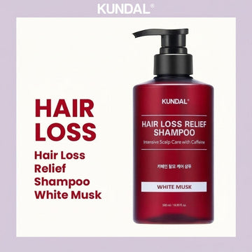 Assemble K - Play .Try .Glow KUNDAL Hair Loss Relief Shampoo in White Musk scent, 500ml bottle with pump dispenser.