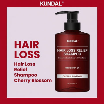 KUNDAL Hair Loss Relief Shampoo in Cherry Blossom scent, 500ml bottle with pump dispenser. Intensive scalp care with caffeine.