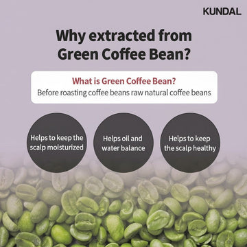 KUNDAL Scalp Care and Caffeine Shampoo 500ml, featuring green coffee beans, promotes scalp health, moisture, and oil balance.