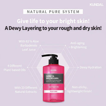 Assemble K - Play .Try .Glow KUNDAL Honey & Macadamia Body Lotion 500ml, pink bottle with black pump, dewy hydration, anti-aging, brightening.