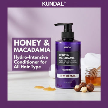 Assemble K - Play .Try .Glow KUNDAL Honey & Macadamia Hydro-Intensive Protein Hair Treatment in White Musk scent, 500ml bottle.