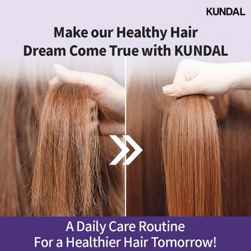 KUNDAL Honey & Macadamia Protein Treatment before and after comparison showing damaged hair transformed into smooth, healthy hair.