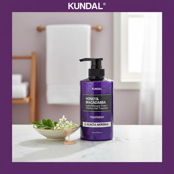 Assemble K - Play .Try .Glow KUNDAL Honey & Macadamia Hydro-Intensive Protein Premium Hair Treatment, Acacia Moringa scent, 500ml bottle with pump.
