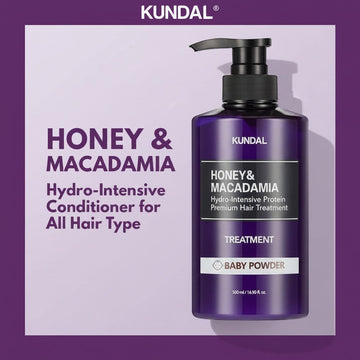 Assemble K - Play .Try .Glow Kundal Honey & Macadamia Hydro-Intensive Protein Hair Treatment in Baby Powder scent, 500ml.