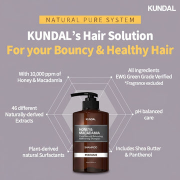 Assemble K - Play .Try .Glow: KUNDAL Honey & Macadamia Shampoo Ylang Ylang 500ml, a dark amber bottle with a pump dispenser.