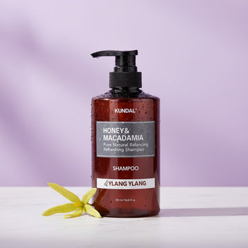Assemble K - Play .Try .Glow KUNDAL Honey & Macadamia Natural Balancing Shampoo for All Hair Types, Ylang Ylang scent, 500ml bottle.