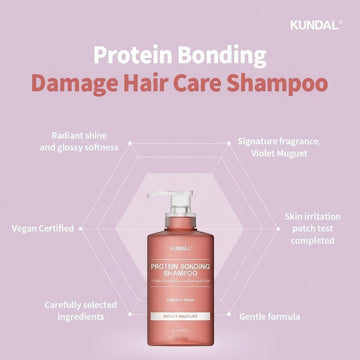 Assemble K - Play .Try .Glow KUNDAL Protein Bonding Damage Hair Care Shampoo in Violet Muguet scent, 500ml bottle with pump.