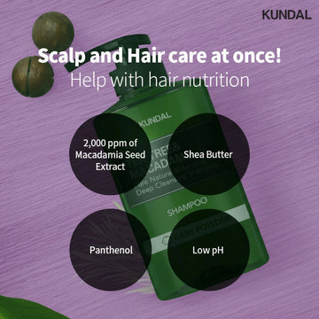 Assemble K - Play .Try .Glow KUNDAL Tea Tree & Macadamia Deep Cleansing Shampoo bottle with White Musk scent. Features 2,000 ppm Macadamia Seed Extract, Shea Butter, Panthenol, and low pH.