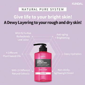 Assemble K - Play .Try .Glow KUNDAL Honey & Macadamia White Musk Body Lotion 500ml with aloe, plant oils, and natural extracts for dewy hydration.