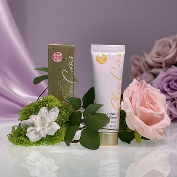 Assemble K - Play .Try .Glow Skinterior Step 4 Lecithin Plant Cream tube and box with pink roses and white flower.