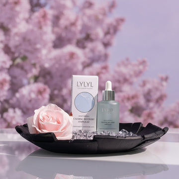 Assemble K - Play .Try .Glow LYLYL Calming Recovery Ampoule with dropper, light blue glass bottle, soothing & moisturizing.