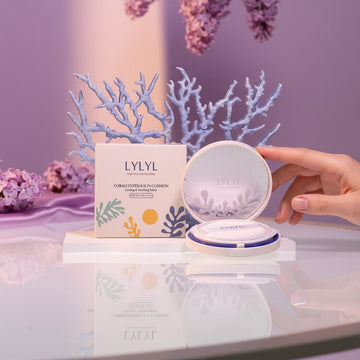 Assemble K - Play .Try .Glow LYLYL CoralCentella Sun Cushion SPF50+ PA++++ with cooling & soothing effect. White compact with blue accents.