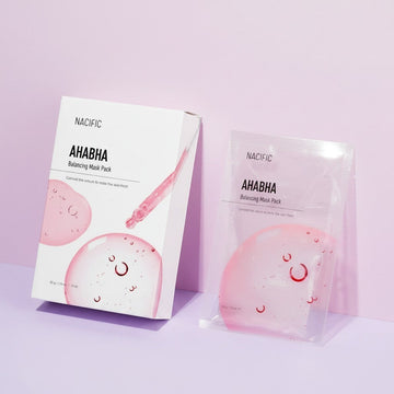 Assemble K - Play .Try .Glow NACIFIC AHA BHA Balancing Mask Pack with pink serum and bubbles. Exfoliates and balances skin.