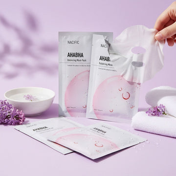Assemble K - Play .Try .Glow NACIFIC AHA BHA Balancing Mask Pack with pink serum and bubbles. Exfoliates and balances skin.