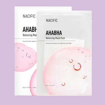 Assemble K - Play .Try .Glow NACIFIC AHA BHA Balancing Mask Pack with pink serum and bubbles. Exfoliates and balances skin.