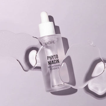 Assemble K - Play .Try .Glow NACIFIC Phyto Niacin Brightening Essence 50ml with dropper, clear liquid, and water splashes.