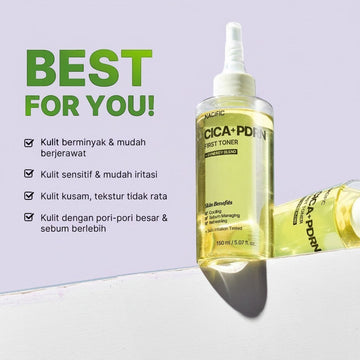 Assemble K - Play .Try .Glow NACIFIC Cica+PDRN First Toner 150ml, a clear yellow liquid toner with a precision tip applicator, for sensitive and acne-prone skin.