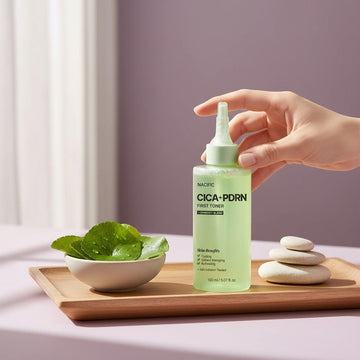 Assemble K - Play .Try .Glow NACIFIC Cica+PDRN First Toner 150ml, a green liquid toner with a precision tip applicator for sensitive and acne-prone skin.