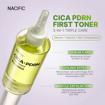 Assemble K - Play .Try .Glow NACIFIC Cica PDRN First Toner 150ml, a clear yellow liquid with a precision tip applicator, for sensitive and acne-prone skin.