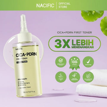 Assemble K - Play .Try .Glow NACIFIC Cica PDRN First Toner 150ml, a light green liquid in a clear bottle with a spray nozzle, for sensitive skin.