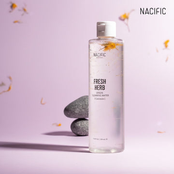 Assemble K - Play .Try .Glow NACIFIC Fresh Herb Origin Cleansing Water with Bakuchiol, 300ml, clear liquid in a clear bottle with white cap.