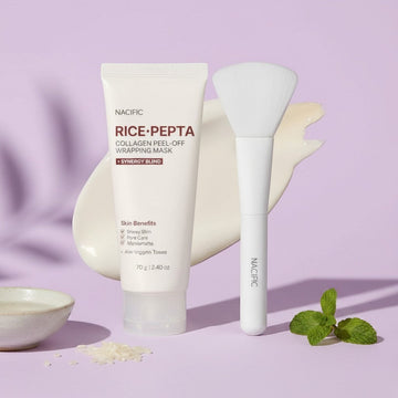 Assemble K - Play .Try .Glow NACIFIC Rice Pepta Collagen Peel-Off Wrapping Mask tube and brush for firming and hydrating skin.