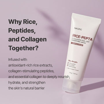 Assemble K - Play .Try .Glow NACIFIC Rice Pepta Collagen Peel-Off Wrapping Mask tube, 70g. Hydrates, firms, and tightens pores.