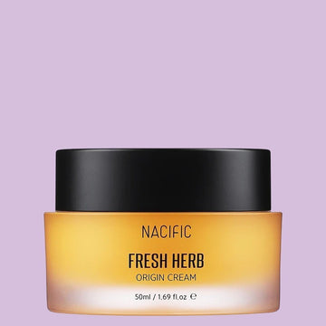 Assemble K - Play .Try .Glow NACIFIC Fresh Herb Origin Cream in a yellow jar with a white cream texture, 50ml.