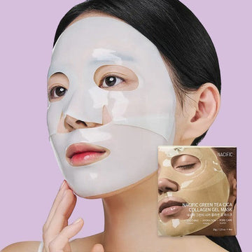 Assemble K - Play .Try .Glow NACIFIC Green Tea Cica Collagen Gel Mask for soothing, hydration, and pore care.