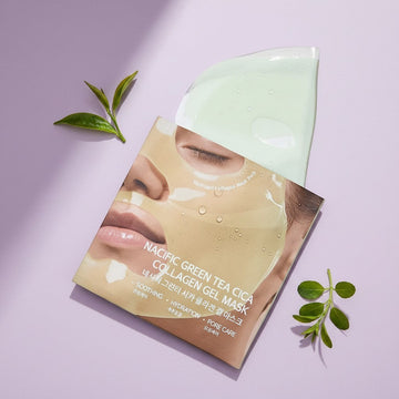 Assemble K - Play .Try .Glow NACIFIC Green Tea Cica Collagen Gel Mask for soothing, hydration, and pore care.
