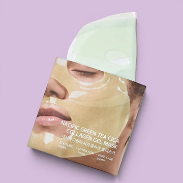 Assemble K - Play .Try .Glow NACIFIC Green Tea Cica Collagen Gel Mask for soothing, hydration, and pore care.