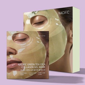Assemble K - Play .Try .Glow NACIFIC Green Tea Cica Collagen Gel Mask for soothing, hydration, and pore care.