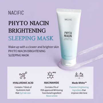 Assemble K - Play .Try .Glow NACIFIC Phyto Niacin Brightening Sleeping Mask tube with gel texture, 100ml. Contains Hyaluronic Acid and Niacinamide.