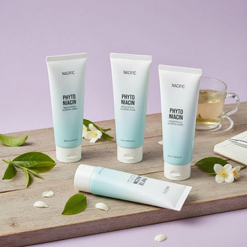 Assemble K - Play .Try .Glow NACIFIC Phyto Niacin Brightening Sleeping Mask tubes with a light blue gradient.