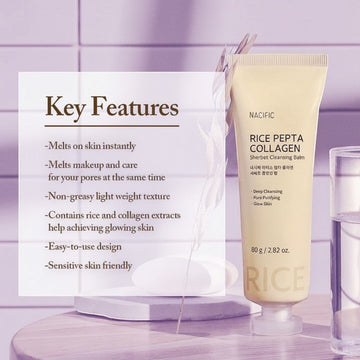Assemble K - Play .Try .Glow NACIFIC Rice Pepta Collagen Sherbet Cleansing Balm 80g tube, melts makeup, unclogs pores, boosts elasticity.